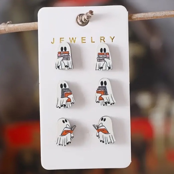 NWT! Set of 3 Pairs of Pierced Post Earrings!  Ghosts Holding Orange Books! - Picture 1 of 3